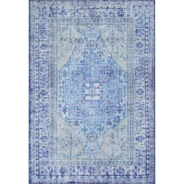 Well Woven Nile Gila Vintage Bohemian Medallion Botanical Border Dark Blue 5 ft. x 7 ft. Machine Washable Flatweave Area Rug