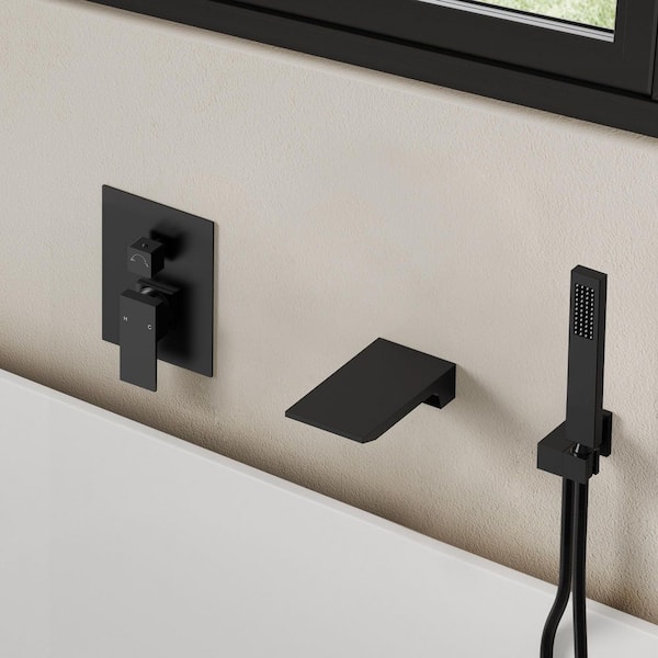 Waterfall Wall Mount Single Handle 2-Spray Tub and Shower Faucet 2.5 GPM in Matte Black Valve Included
