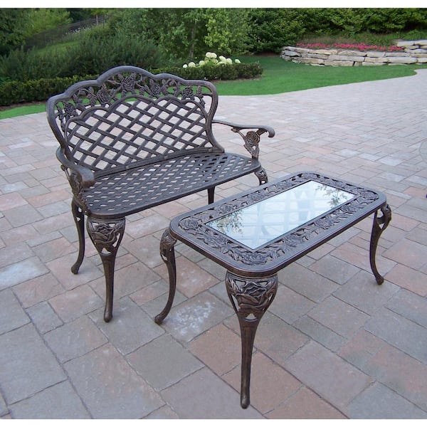 Unbranded Tea Rose Cast Aluminum Loveseat Bench and Cocktail Table Set