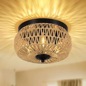 12.6 in. Rattan Light Fixtures Ceiling Mount, No Bulbs Included Flush Mount Hand-Worked Cage Shade