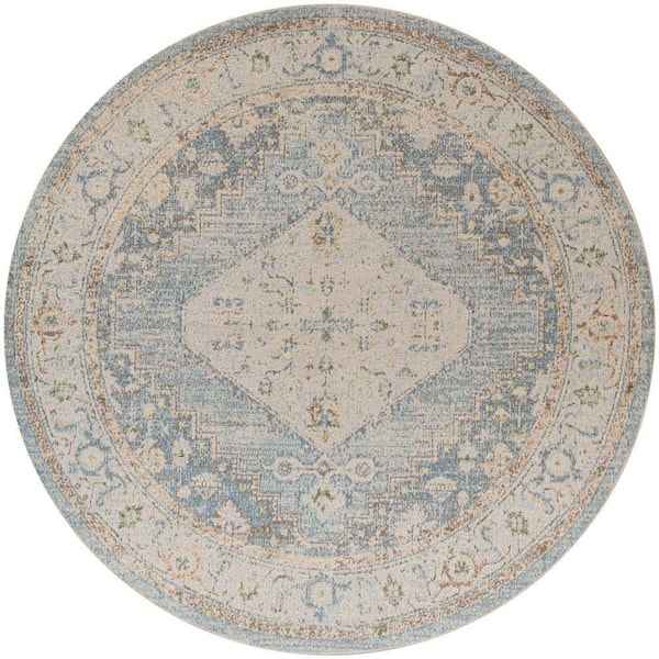 Nourison Astra Machine Washable Silver Blue 5 ft. x 5 ft. Center medallion Traditional Round Area Rug