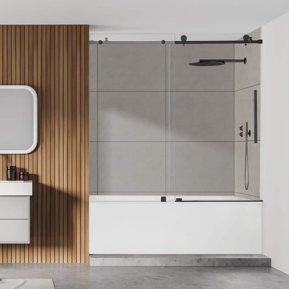 Matte Black Frameless Sliding Tub Door with Clear Glass
