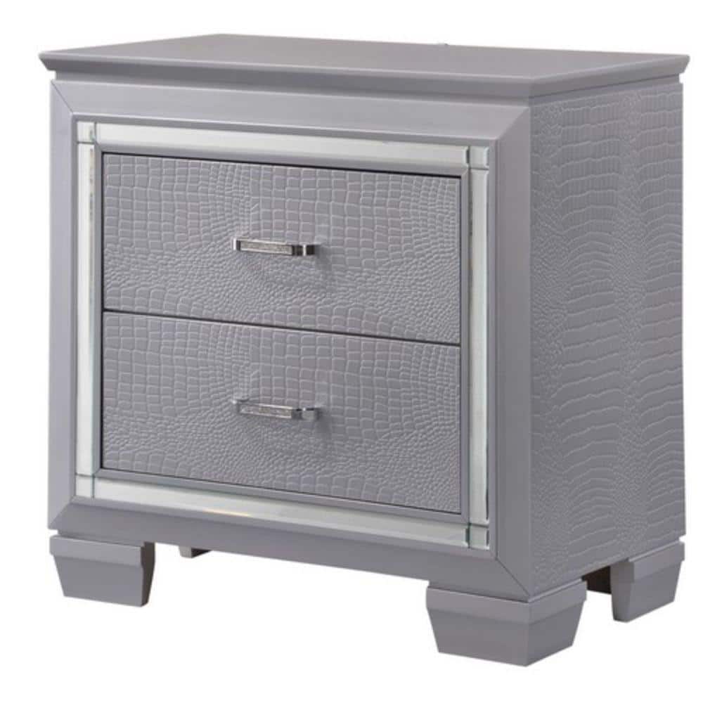 Lillian Textured Gray 2-Drawer Nightstand with Mirror Accents