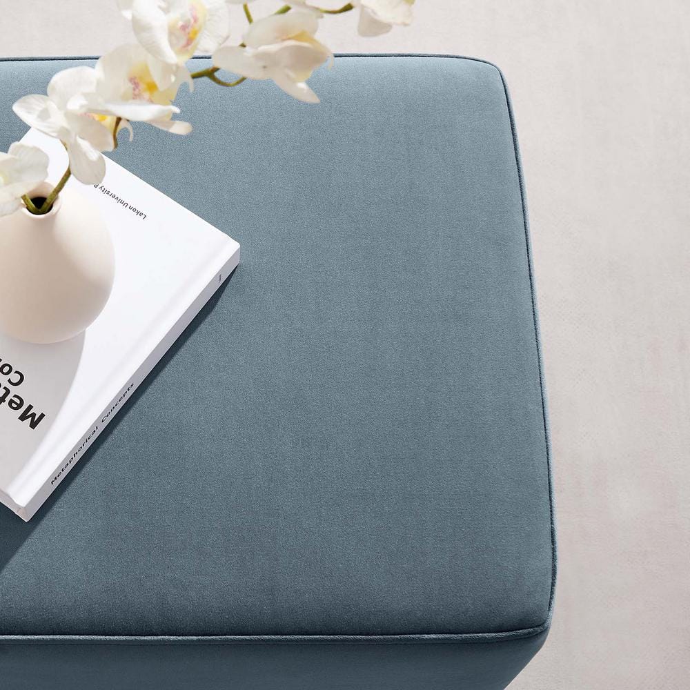 Cadet Blue Velvet Upholstered Ottoman with Rubberwood Base