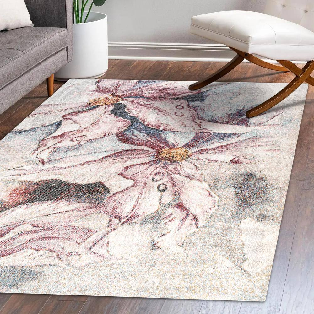 Pastello 4' x 6' Gray Abstract Muted Floral Synthetic Area Rug