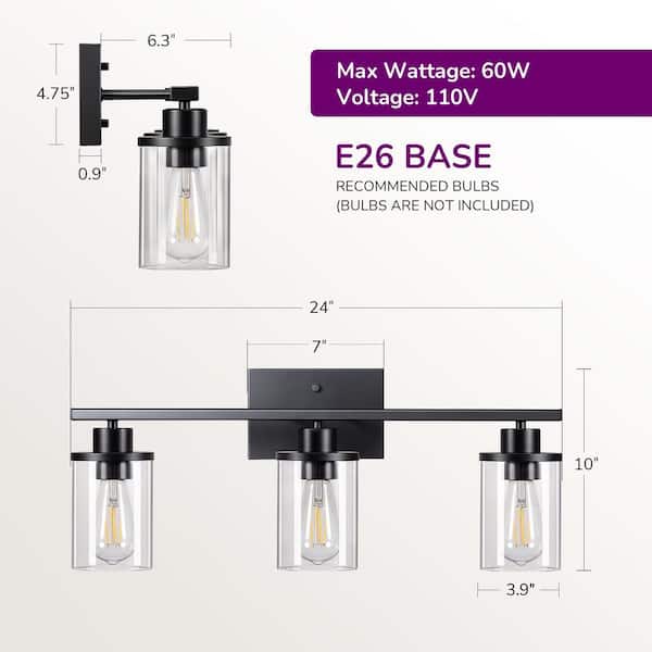 24 in. 3-Light Matte Black Vanity Light with Clear Glass Shade