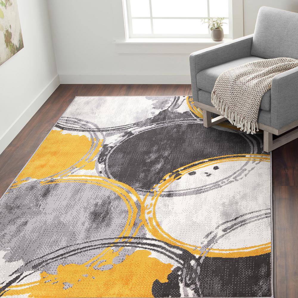 Yellow and Gray Geometric Circles 5' x 7' Synthetic Area Rug