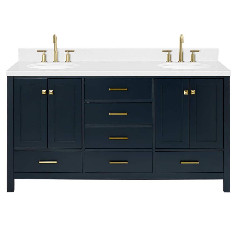 Midnight Blue Wood Freestanding Double Vanity with White Quartz Top