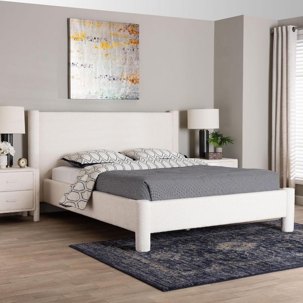 Baxton Studio Laria White Teddy Fabric and Wood Frame Queen Platform Bed