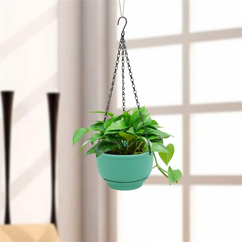 8 Inch Green Plastic Self-Watering Hanging Planter Set