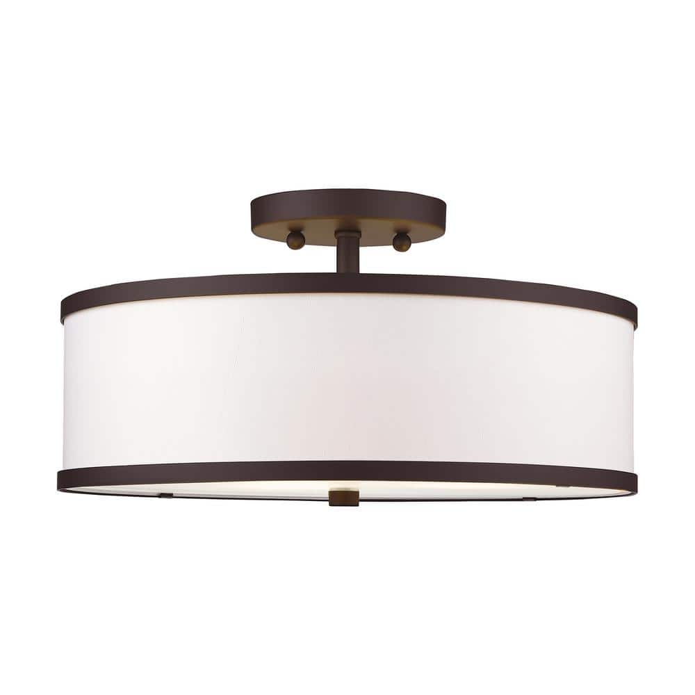 Bronze Drum 3-Light Semi-Flush Mount with Off-White Fabric Shade