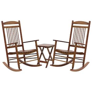 Wood Color 3-Pieces Wooden Patio Outdoor Rocking Chair Set
