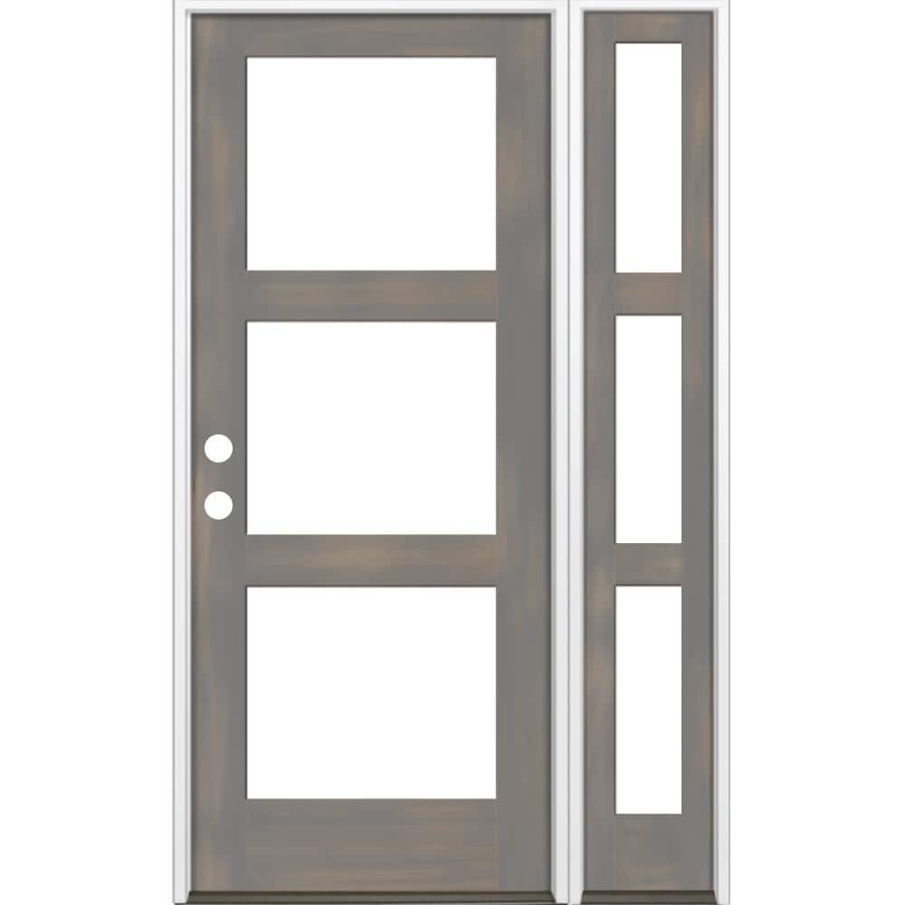 46 in. x 96 in. Modern Hemlock Right-Hand/Inswing 3-Lite Clear Glass Grey Stain Wood Prehung Front Door with Sidelite price history on PriceWatchPro