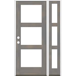 46 in. x 96 in. Modern Hemlock Right-Hand/Inswing 3-Lite Clear Glass Grey Stain Wood Prehung Front Door with Sidelite