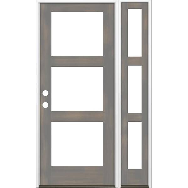 Krosswood Doors 50 in. x 96 in. Modern Hemlock Right-Hand/Inswing 3-Lite Clear Glass Grey Stain Wood Prehung Front Door with Sidelite