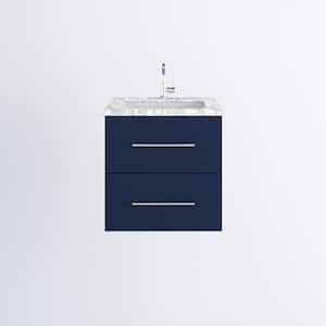 Napa 24 W x 22 D x 21-3/4 H Single Sink Bathroom Vanity Wall Mounted in Navy Blue with Carrera Marble Countertop