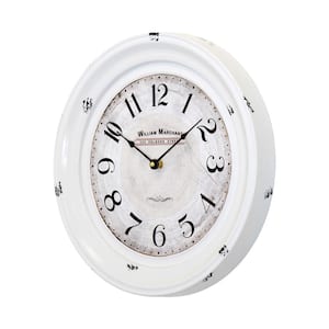 16 in. Circular Iron Wall Clock in Distressed White Frame
