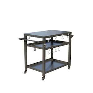 Gray Outdoor Metal Bar Serving Grill Cart, Portable Storage Cabinet with Wheels, Grill Table Cooking Prep BBQ Table