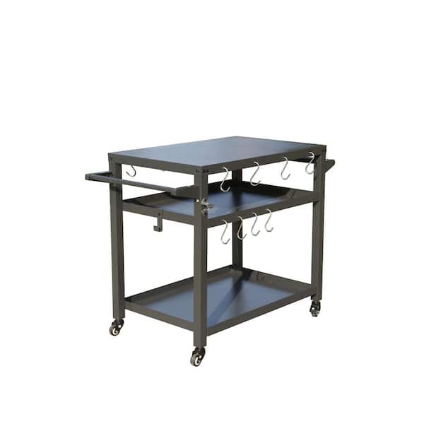Zeus & Ruta Gray Outdoor Metal Bar Serving Grill Cart, Portable Storage Cabinet with Wheels, Grill Table Cooking Prep BBQ Table
