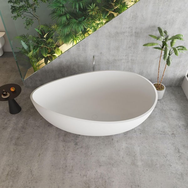 Moray 63 in. x 37 in. Solid Surface Stone Resin Flatbottom Freestanding Double Slipper Soaking Bathtub in Matte White