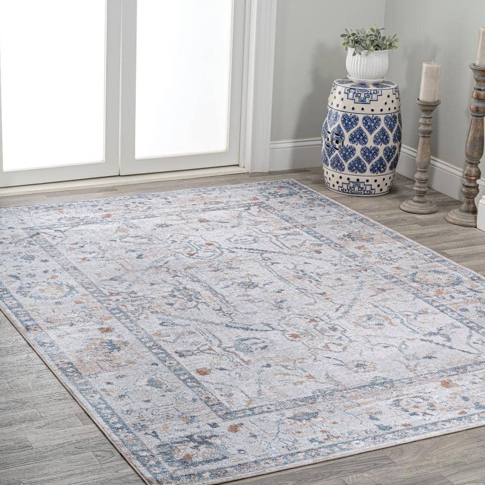 Light Gray and Blue Low-Pile Machine-Washable Rectangular Rug