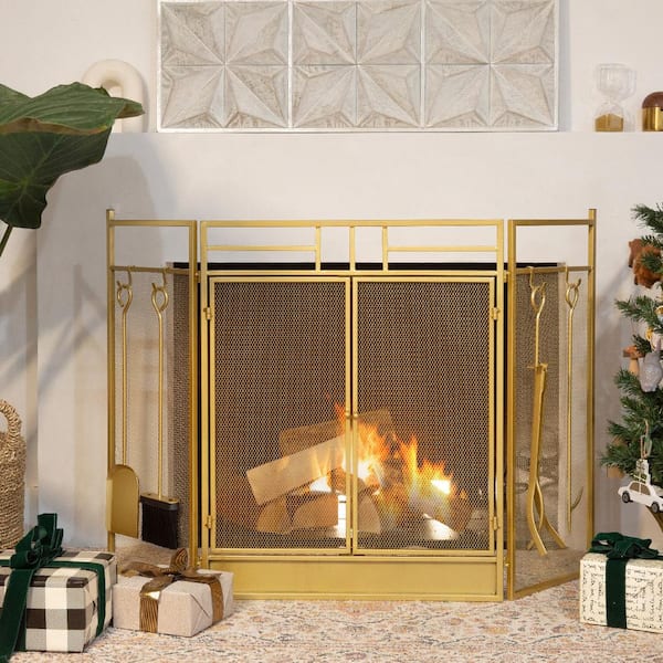 Fireplace Screen Indoor Fireplace Screen 3 Panel Retro Metal Decorative Mesh  Cover Fireplace Screen Fence Small Screen Spark Guard Home Decoration Panel  Fireplace Screens (Color : Gold) : : Tools & Home Improvement
