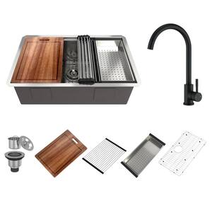 30 in. Drop in./Undermount Single Bowl 18-Gauge Brushed Stainless Steel Kitchen Sink with Faucet and Accessories