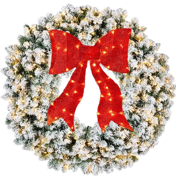 48 in. Pre-Lit Artificial Flocked Fir Artificial Christmas Wreath with 250 LED Lights, 714 Tips and Red Bow