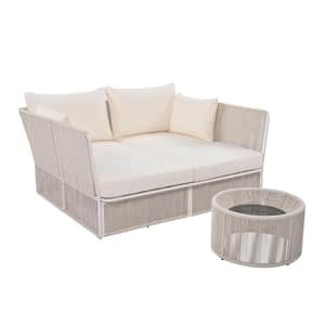 Natural Metal Outdoor Day Bed with Clear Tempered Glass Table and Beige Cushion, Patio Double Chaise Lounger Loveseat