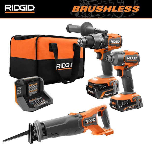 RIDGID 18V Brushless Cordless 2-Tool Combo Kit w/ Hammer Drill, Impact Driver, Batteries, Charger, Bag & Circular Saw