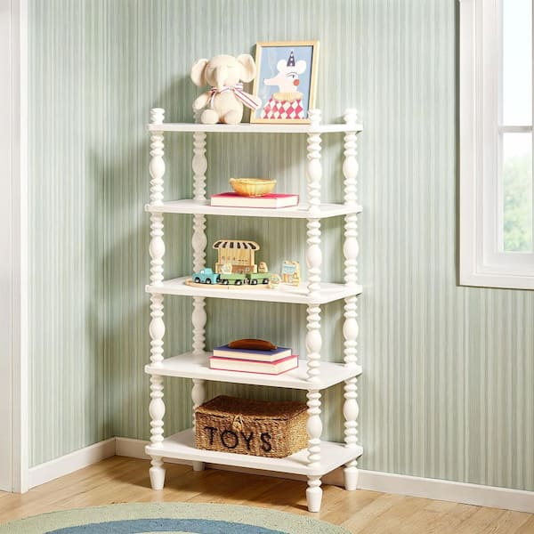 Modern Farmhouse Easy Assembly 25 in. Wide White 5-Shelf Solid Wood Bookcase with Open Storage and Spindle Detailing