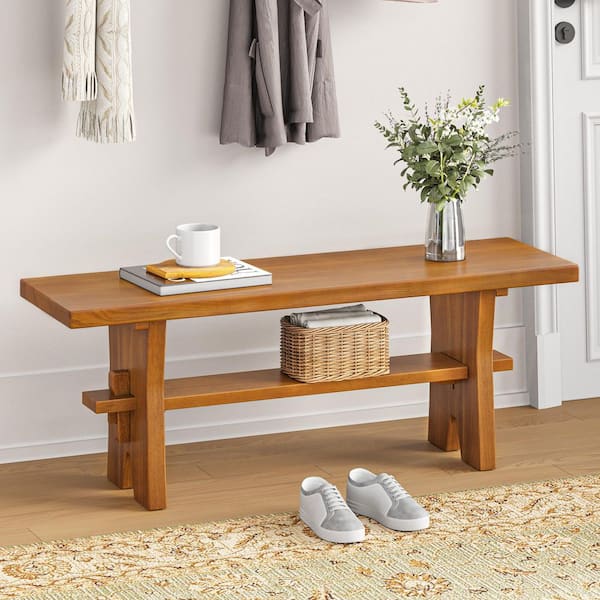 47 in. W Solid Elm Wood Dark Wood Entryway Bench Backless Dining Bench with Storage Shelf for Dining Room (Set of 1)