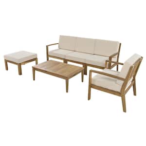 6-Piece Wood Patio Furniture Set, Acacia Wood Frame Patio Sectional Sofa Set with Beige Cushions and Coffee Table