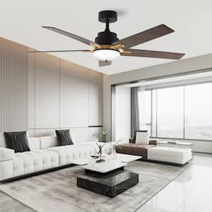 52 in. Indoor Black and Wood Modern 5 Blades LED Ceiling Fan with Remote Included(Set of 2)