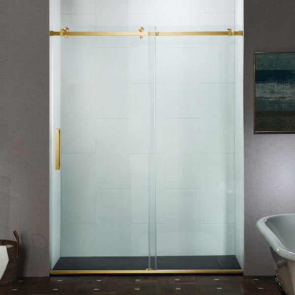 60 in. W x 76 in. H Frameless Single Sliding Shower Door in Brushed Gold with 5/16 in. (8 mm) Clear Glass