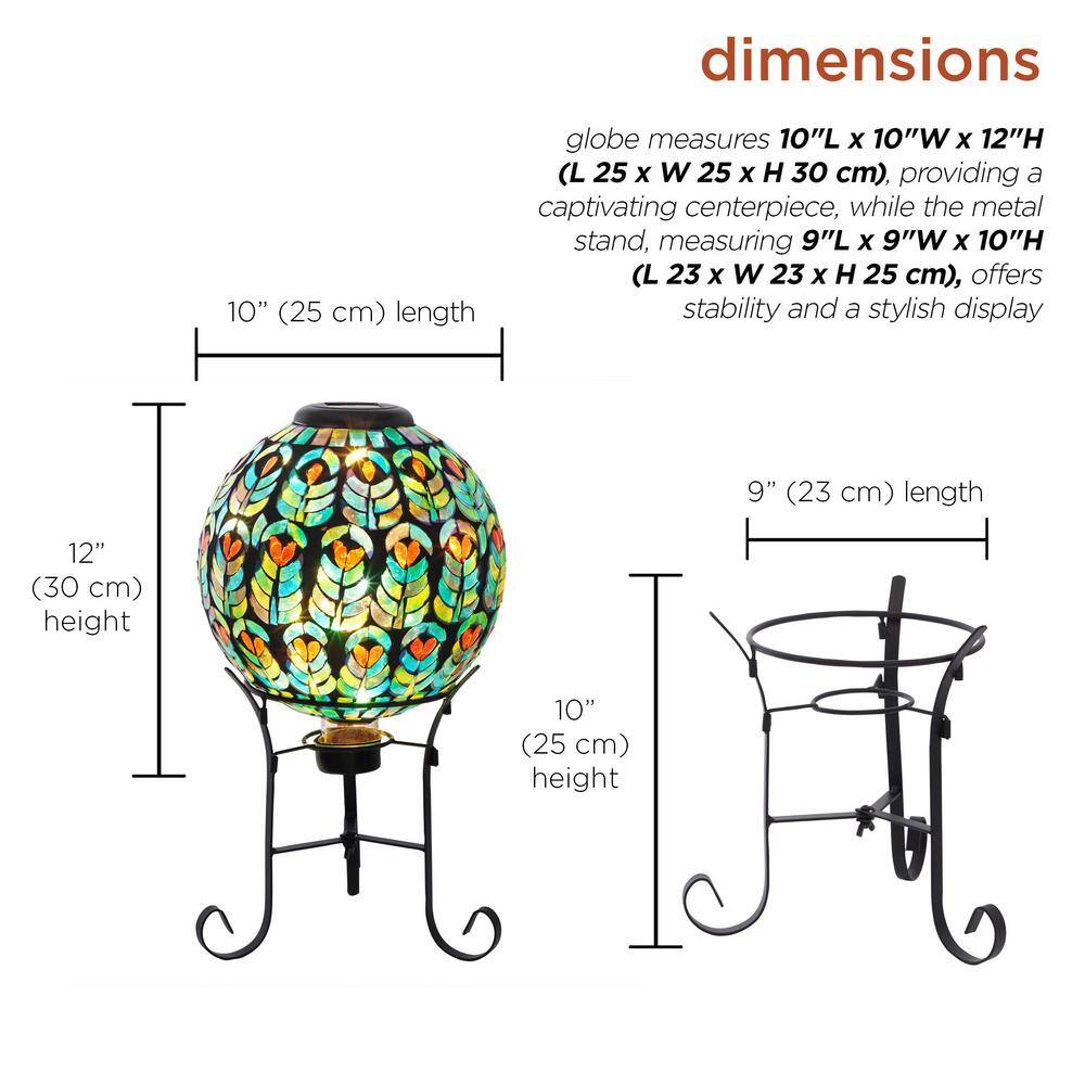 Solar Multicolor Glass Peacock Feather Mosaic Gazing Globe with Metal Stand