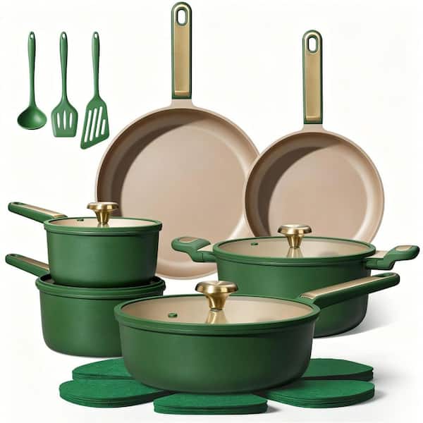 18-Piece Aluminum Cookware Set with Lids, Pots and Pan Set, Non Stick, Non Toxic, PFAS and PTFE Free, Dishwasher, Green