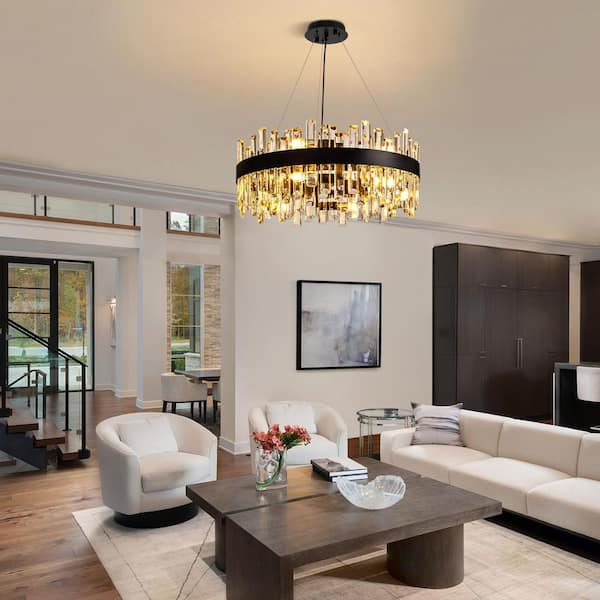 24 in. Modern 12-Light Black Crystal Chandelier Circle Round 2-Tiers Chandelier for Dining Living Room Bedroom