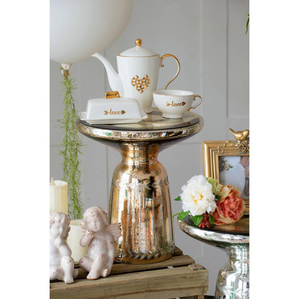 Laurel Edge Antique Gold Round Glass Side Table
