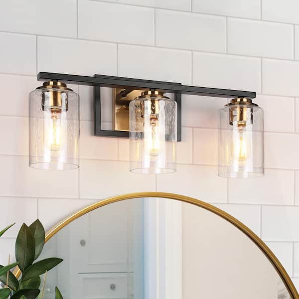 20 in. 3-Light Modern Vintage Brass Bathroom Vanity Light Seeded Glass Black Bath Lighting Classic Bath Bar Vanity Light