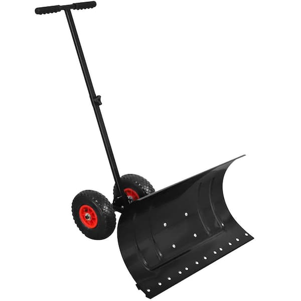40.4 in. Metal Handle Rolling Snow Pusher Shovel with Steel Blade, Snow Shovel Pusher Plow with Wheels