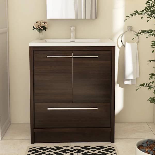 Boosicavelly 30 in. W x 20 in. D x 36 in. H Freestanding Bath Vanity in Grey Oak with White Solid Surface Top
