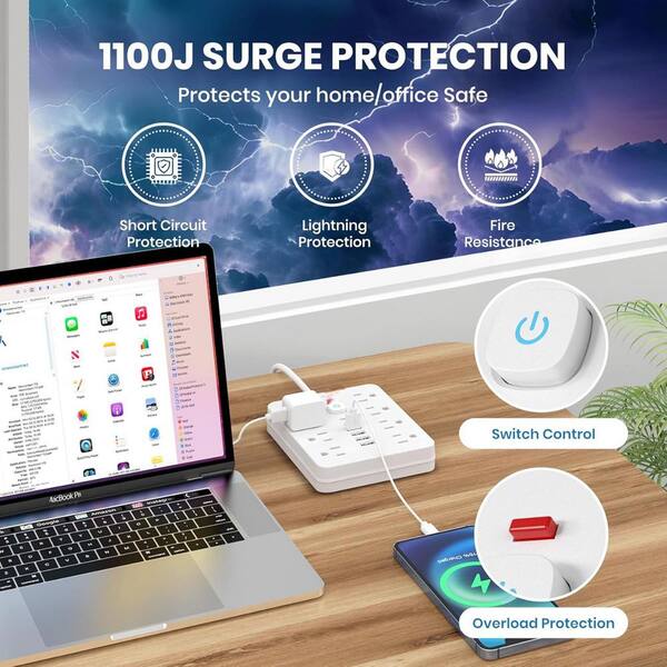 EKIEUDL - 8-Outlet Power Strip Surge Protector with 5 ft. Extension Cord and 4 USB Port-Overload Protection in White (2 Pack)