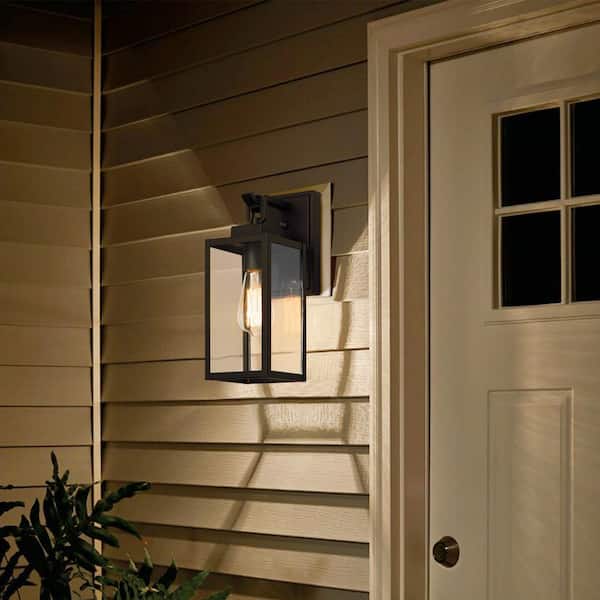1-Light Matte Black Dusk to Dawn Outdoor Wall Lantern Sconce with Clear Tempered Glass