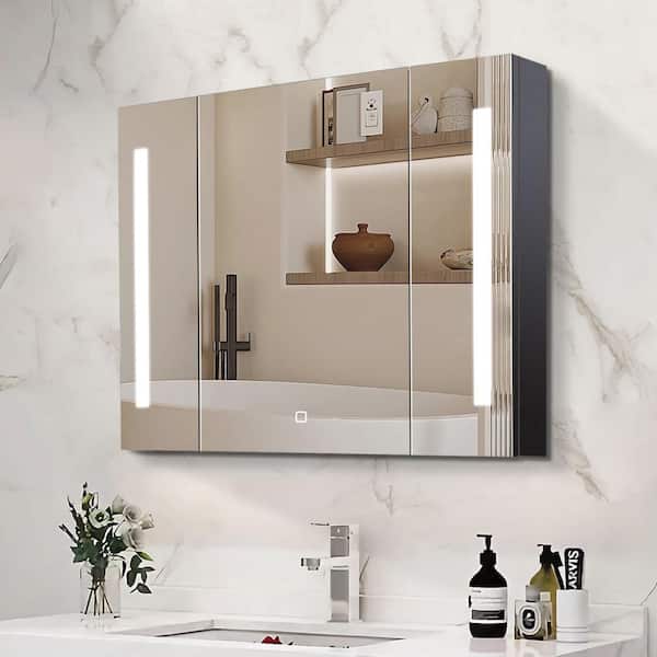 FAMYYT 30 in. W x 26 in. H Black Rectangular Frameless Anti-Fog Dimmable LED Light Surface Mount Medicine Cabinet with Mirror
