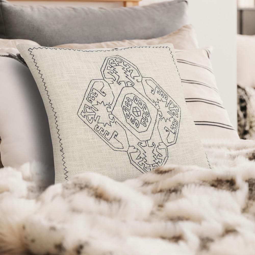 20" Square Off-White Embroidered Damask Medallion Throw Pillow Set