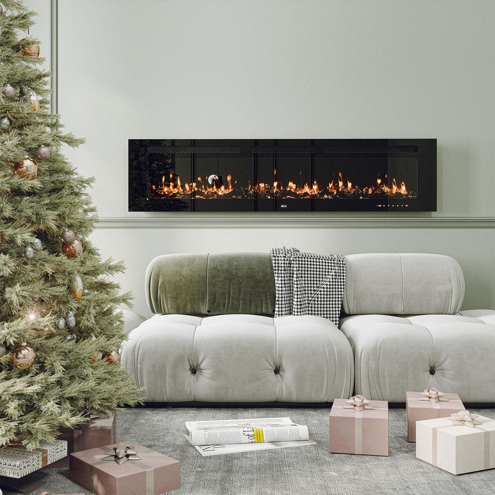 Corretto 72" Black Wall Mounted Electric Fireplace with Mantel