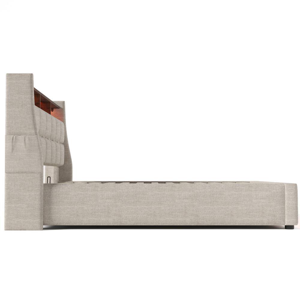 Gray Wood Frame Full Linen Platform Bed with LED Lights, Hydraulic Storage, USB Charging, Storage Headboard, Pockets - thumbnail 8