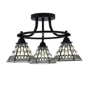 Madison 3-Light Semi-Flush Shown In Matte Black Finish With 16.75 in. Pewter Art Glass