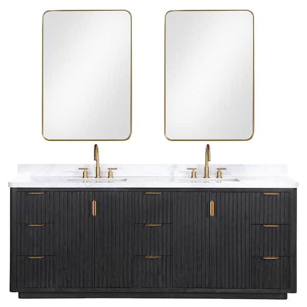 ROSWELL Cádiz 84 in. W x 22 in. D x 34 in. H Double Bathroom Vanity in Fir Wood Black with White Composite top and Mirror
